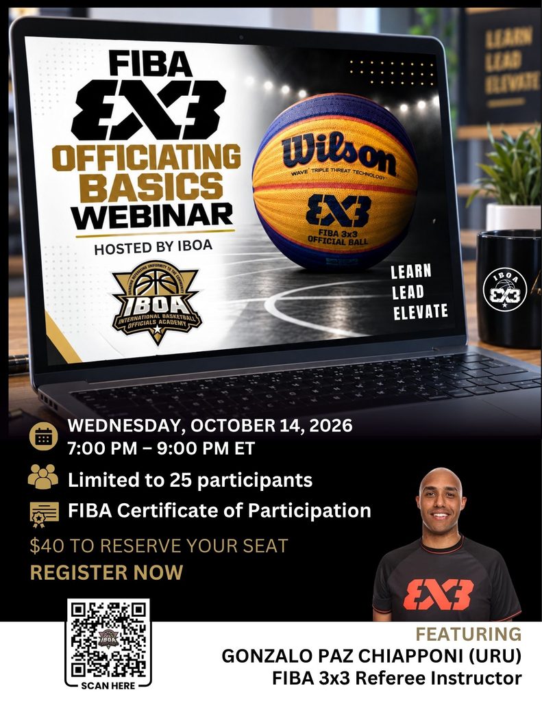 FIBA 3x3 Officiating Basics Webinar hosted by IBOA for basketball referee training and development, featuring FIBA 3x3 Referee Instructor Gonzalo Paz Chiapponi.